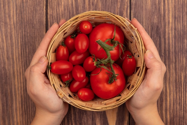 Foto gratuita vista dall'alto delle mani femminili che tengono un secchio di pomodori freschi su una superficie di legno