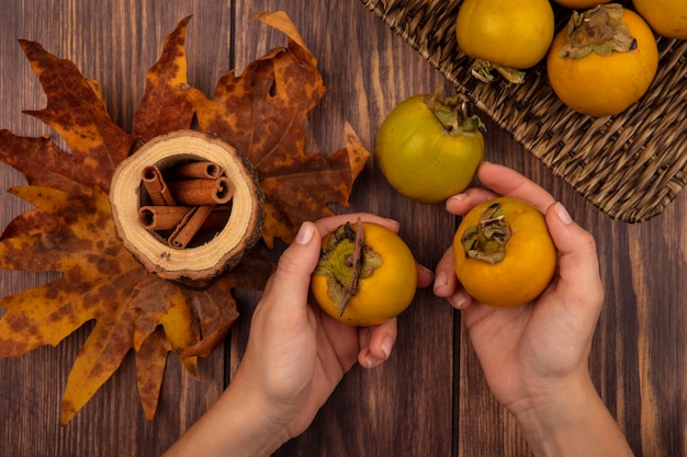 Top view of female hands holding persimmon fruits with cinnamon sticks on a wooden jar with leaves on a wooden table