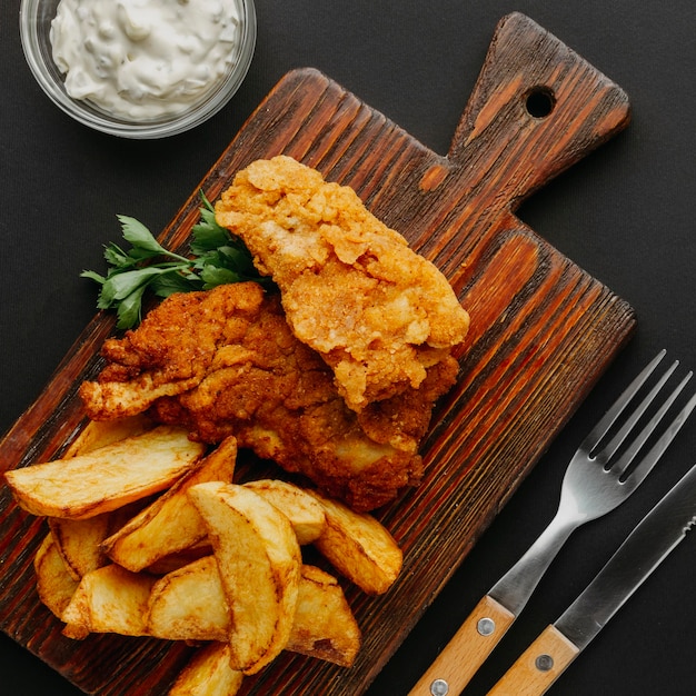 Top view of fish and chips on chopping board with cutlery