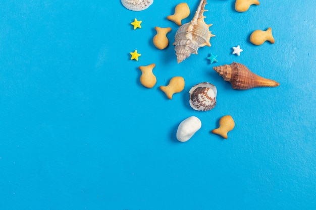 Top view fish shaped crackers salted with sea shells and candies on blue background