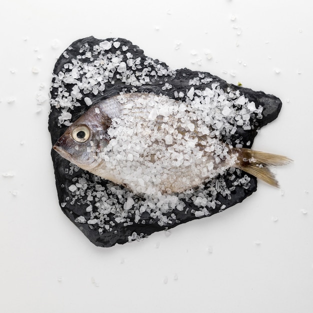 Top view of fish on slate with salt