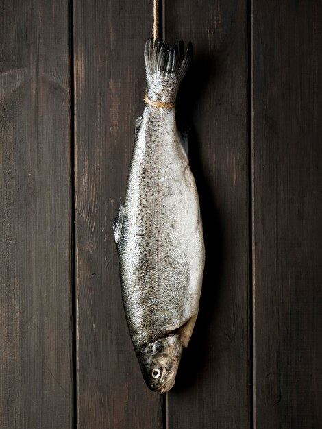 Top view fish on wooden table