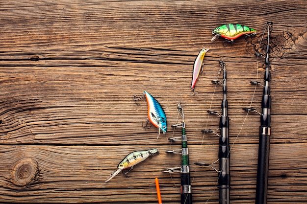 Top view of fishing bait and fishing rods