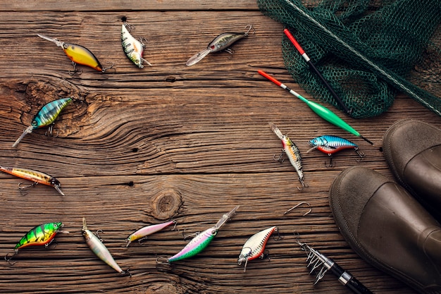 Free photo top view of fishing essentials