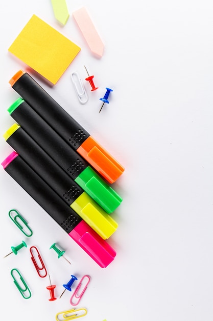 Top View Flat Lay of Business Concept. Office Accessories on white bright table. Above.