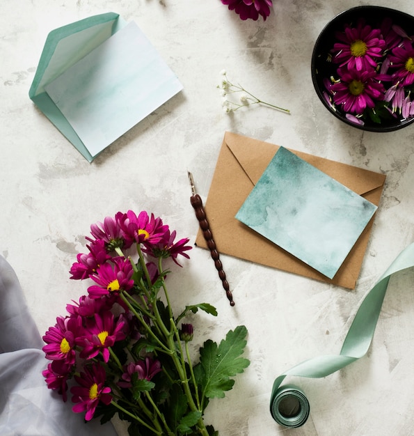 Top view flowers bouquet with card