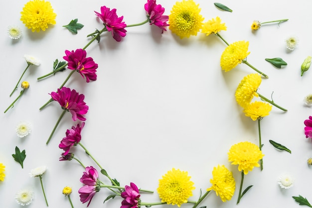 Top view of flowers and leaves