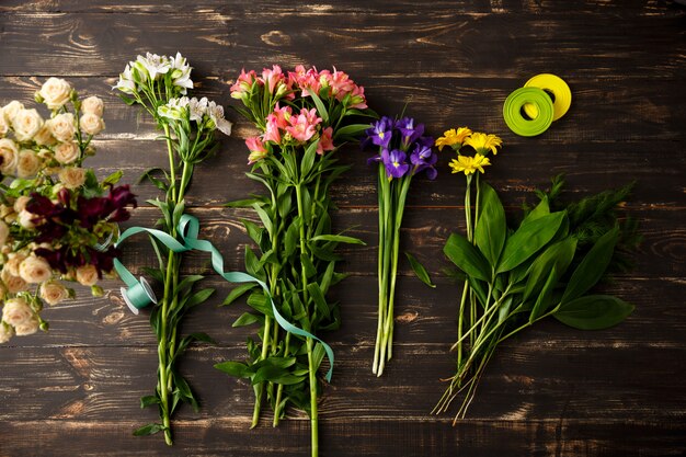 Top view of flowers, making bouquet