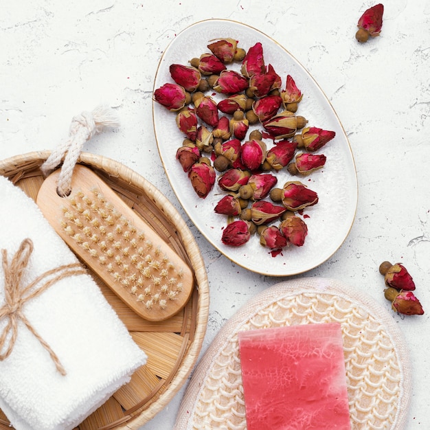 Top view flowers and soap arrangement