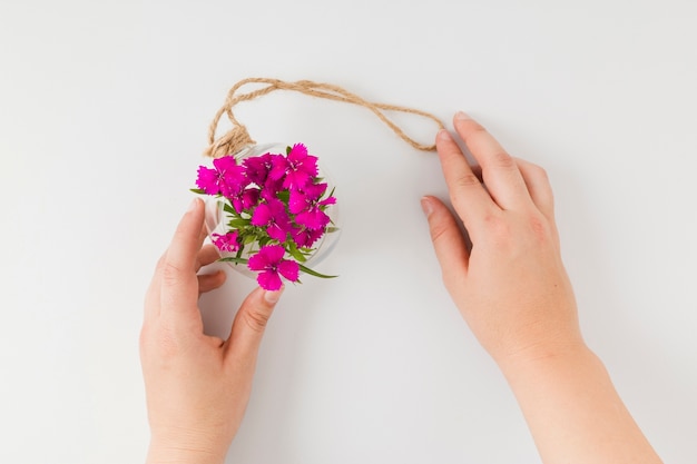 Free photo top view flowers with hands