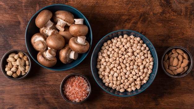 Top view food arrangement in bowls