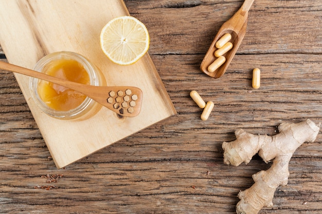 Top view food arrangement on wooden background