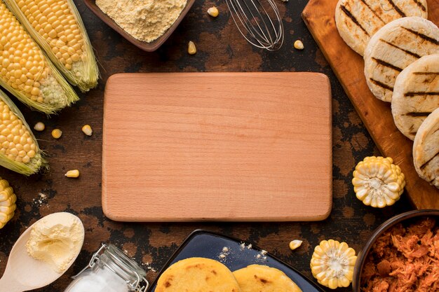 Top view food and board arrangement