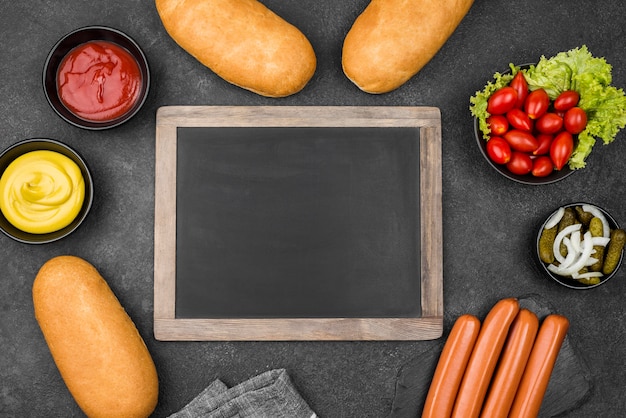 Top view food frame with blackboard