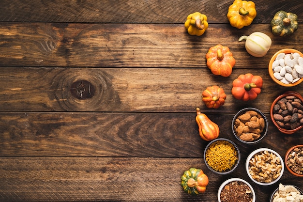 Top view food frame with grains and vegetables