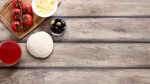 Top view food frame on wooden background