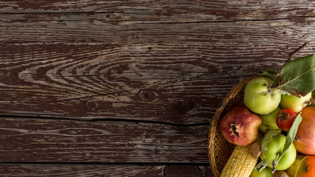 Top view food frame on wooden background