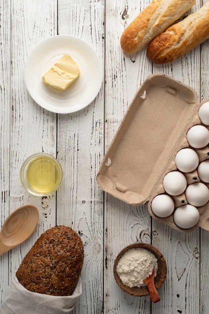 Top view food ingredients and bread