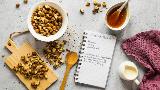 Top view of food ingredients with chickpeas and recipe