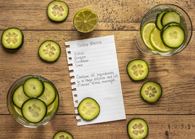 Top view of food ingredients with cucumber and citrus