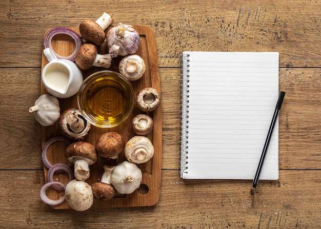 Top view of food ingredients with mushrooms