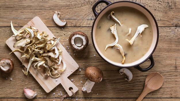 Top view of food ingredients with soup