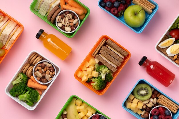 top view food lunch boxes assortment