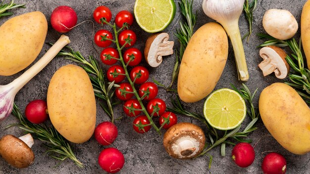 Top view food on stucco background