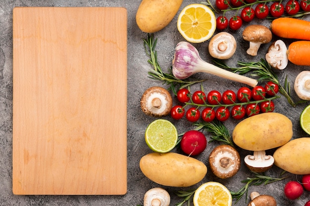 Top view food with cutting board