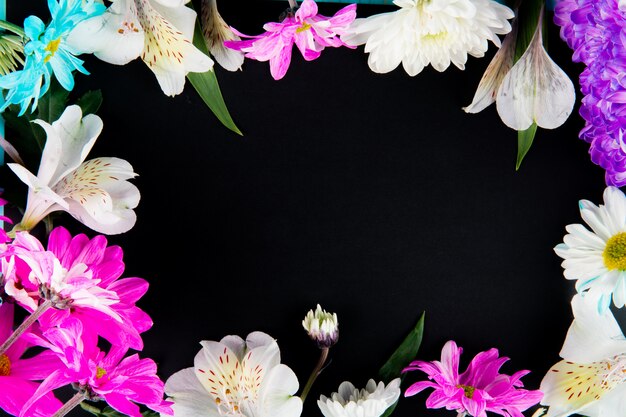 Вид сверху на рамку из альстромерии белого цвета с розовыми и белыми цветами хризантемы на черном фоне с копией пространства