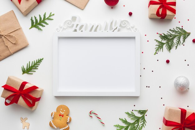 Top view frame on a table with mock-up