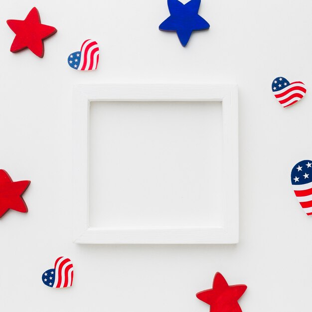 Top view of frame with american flags and stars