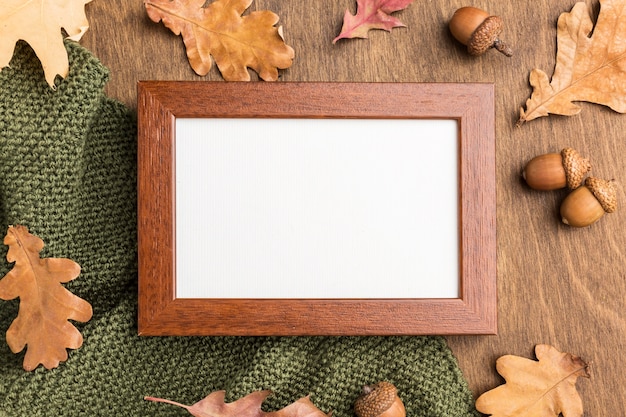 Top view of frame with autumn foliage and acorns