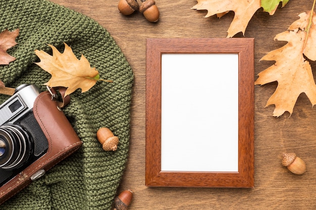 Top view of frame with autumn leaves and camera