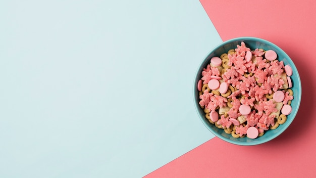 Top view frame with cereals bowl and copy-space