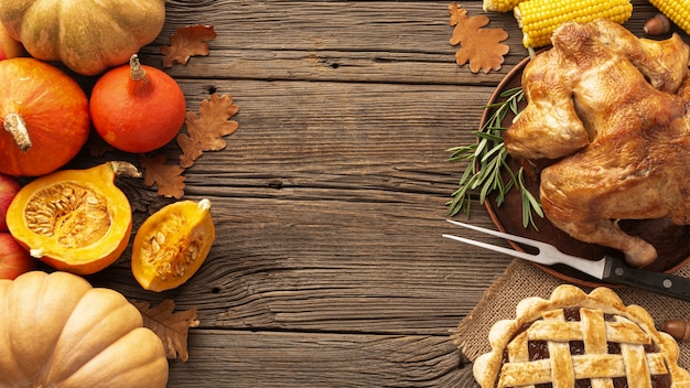 Top view frame with food on wooden background