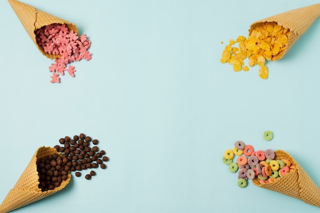 Top view frame with ice cream cones and cereals