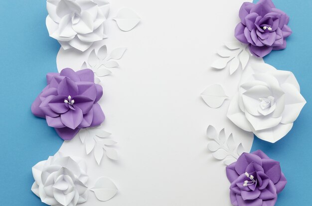 Top view frame with purple and white flowers