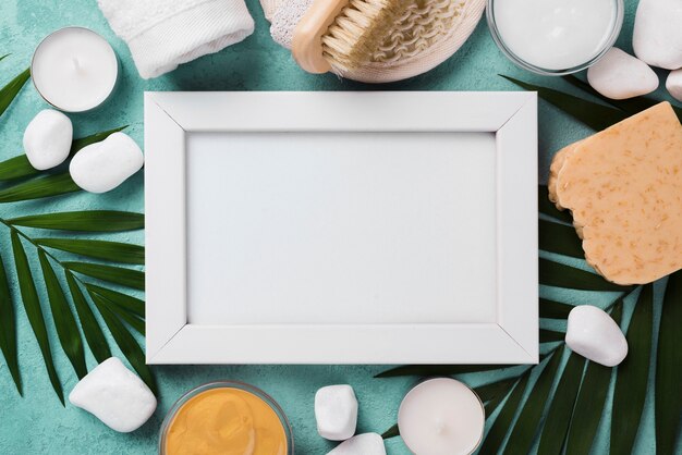 Top view frame with spa brush and stones