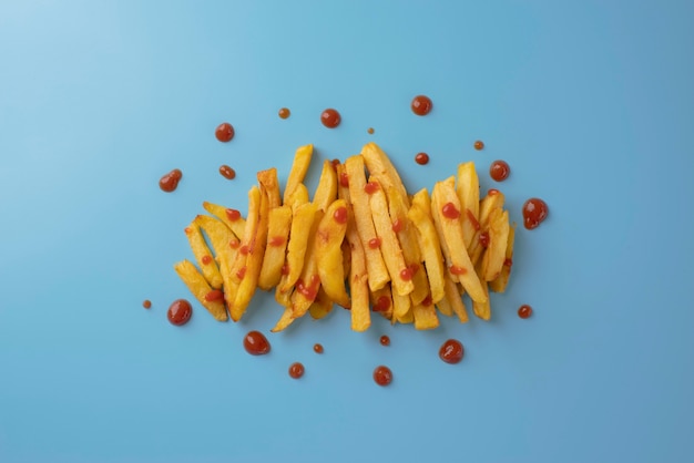 Top view french fries with ketchup