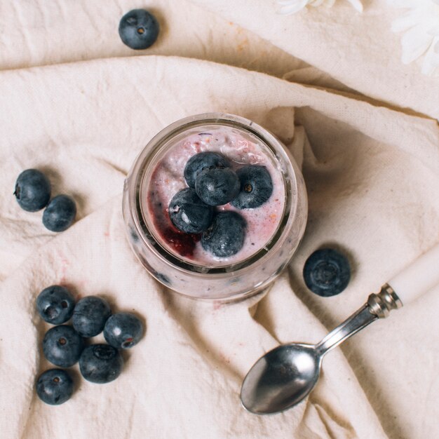 Top view fresh blueberry smoothie