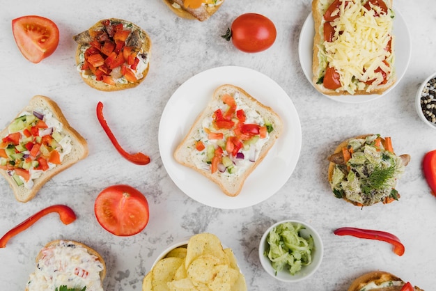 Top view fresh bruschettas on table