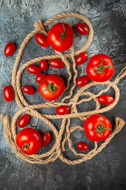 Top view fresh cherry tomatoes with ropes