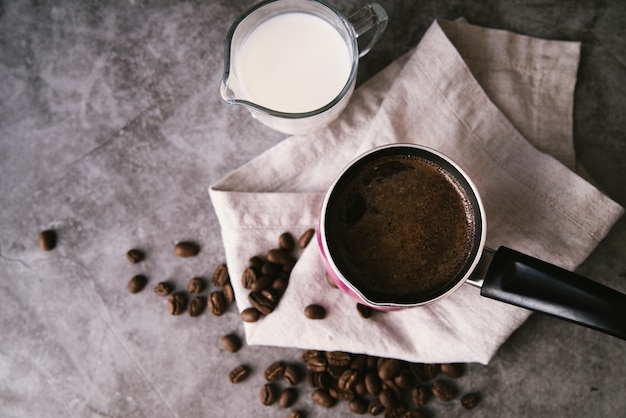 Top view fresh coffee and milk