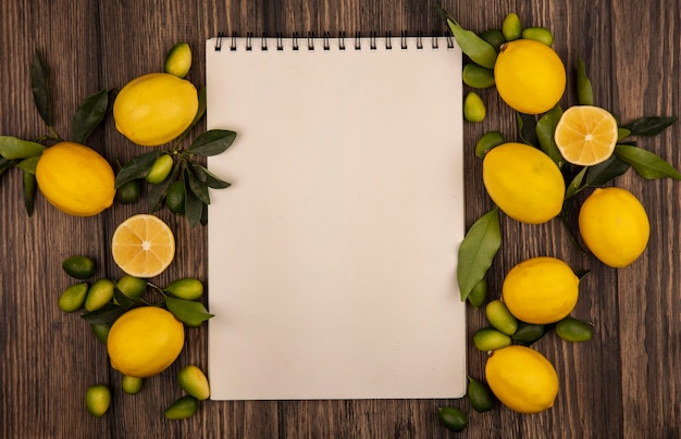 Free photo top view of fresh colorful fruits such as lemons and kinkans isolated on a wooden surface with copy space