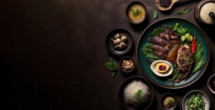 無料Photo 暗い背景に新鮮でおいしい中華料理のトップ ビュー
