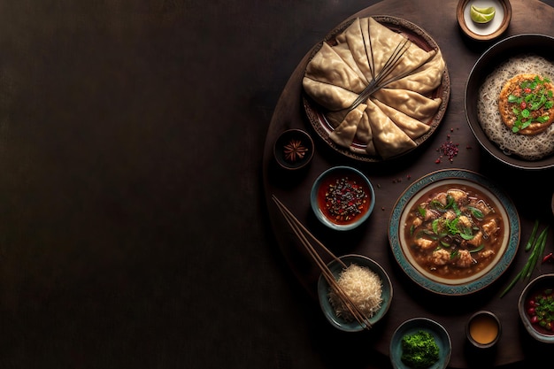 Foto gratuita vista dall'alto del cibo cinese fresco e delizioso su uno sfondo scuro