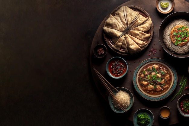 Free photo top view of fresh and delicious chinese food on a dark background