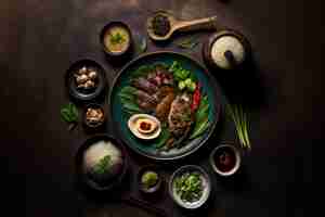 Free photo top view of fresh and delicious chinese food on a dark background