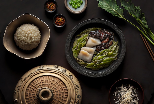 Free photo top view of fresh and delicious chinese food on a dark background